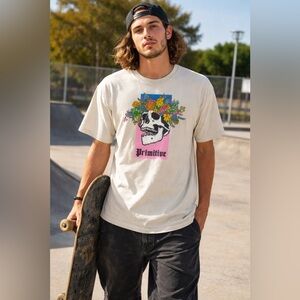 Primitive Skull Floral Graphic Tee Cream Skate T-Shirt Size L [000222]